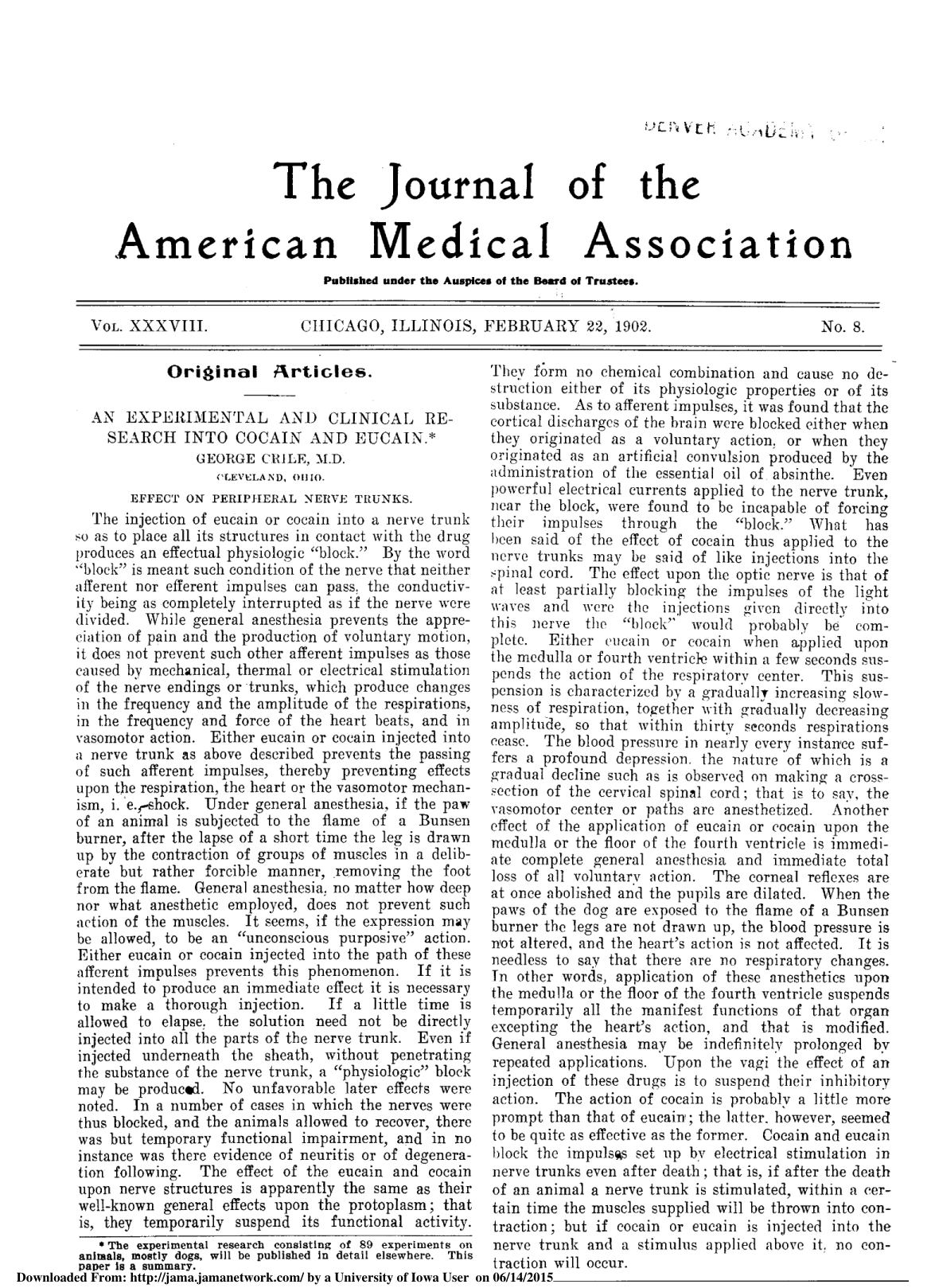 Cover for An Experimental And Clinical Research Into Cocain And Eucain