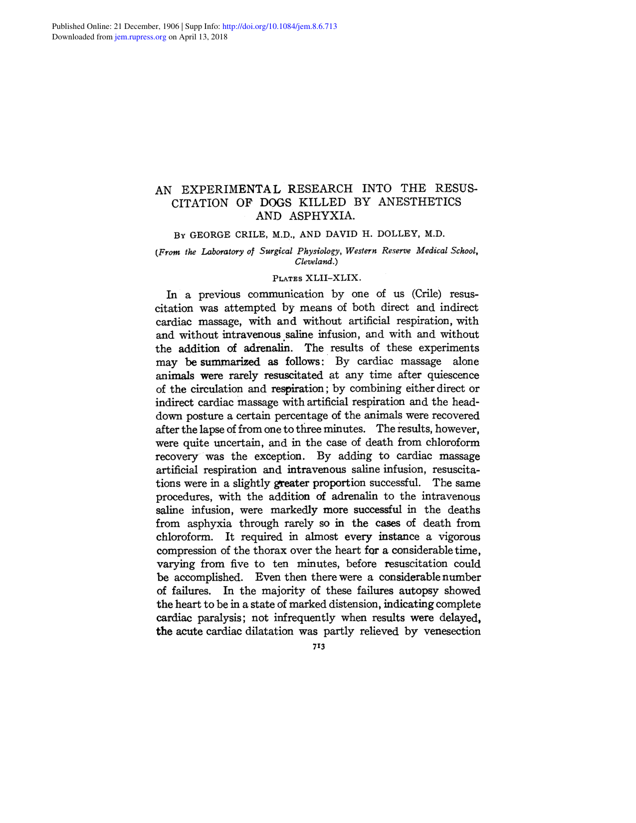 Cover for An Experimental Research Into The Resuscitation Of Dogs Killed By Anesthetics And Asphyxia