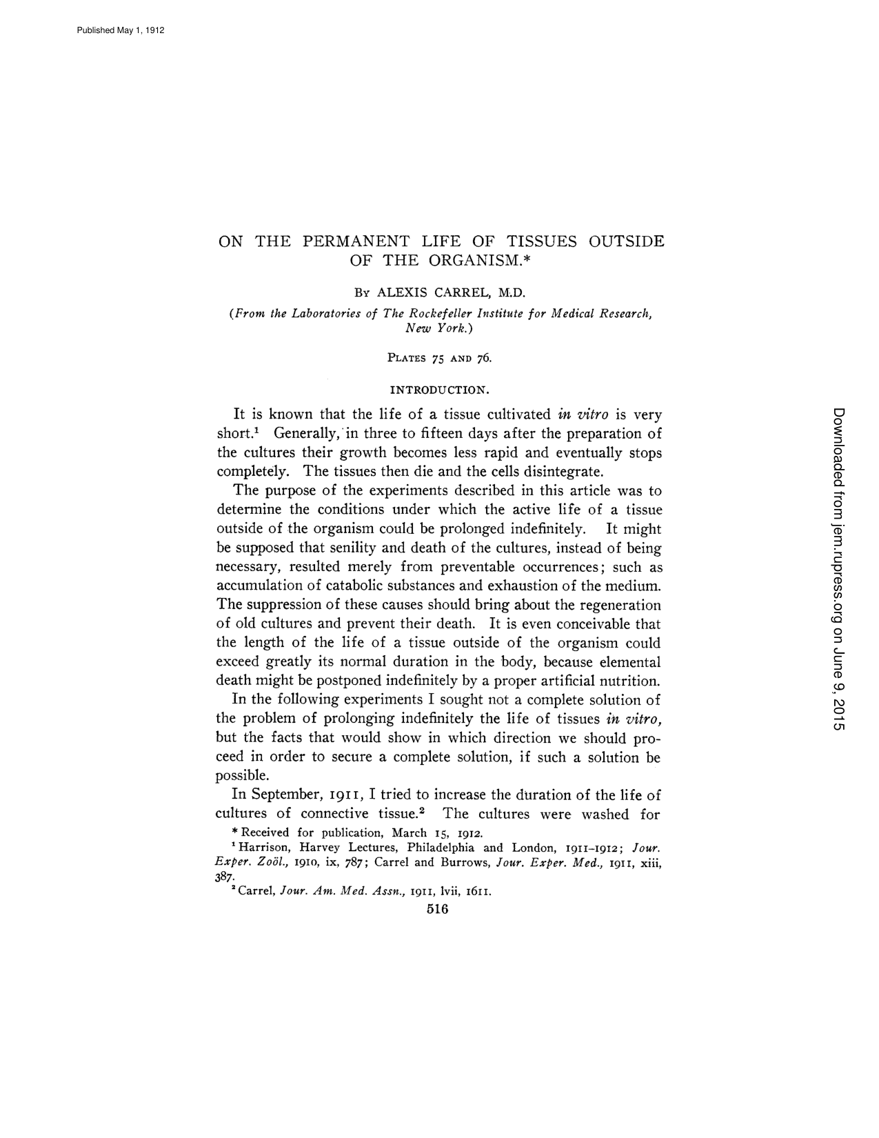 Cover for On The Permanent Life Of Tissues Outside Of The Organism