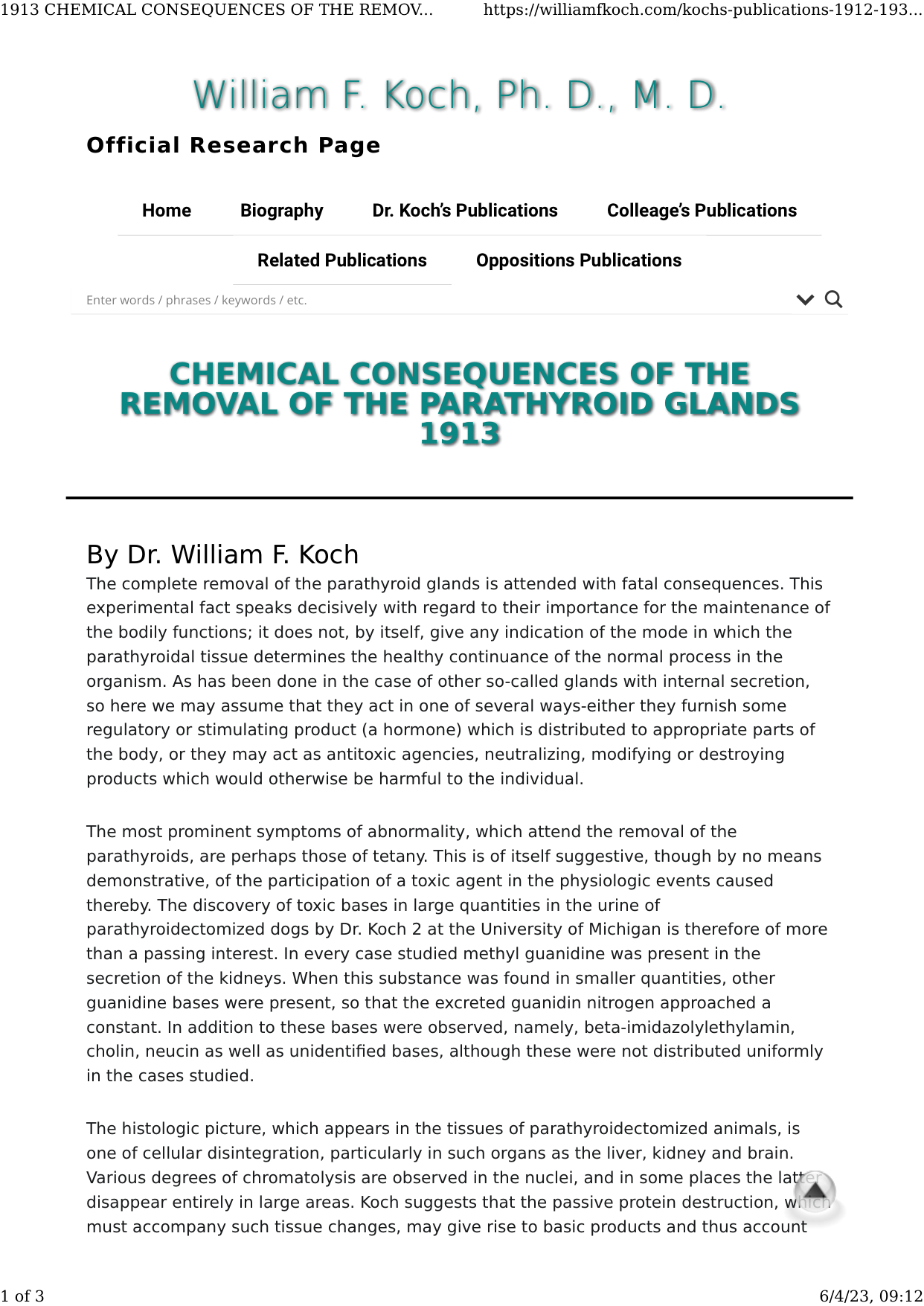 Cover for Chemical Consequences Of The Removal Of The Parathyroid Glands