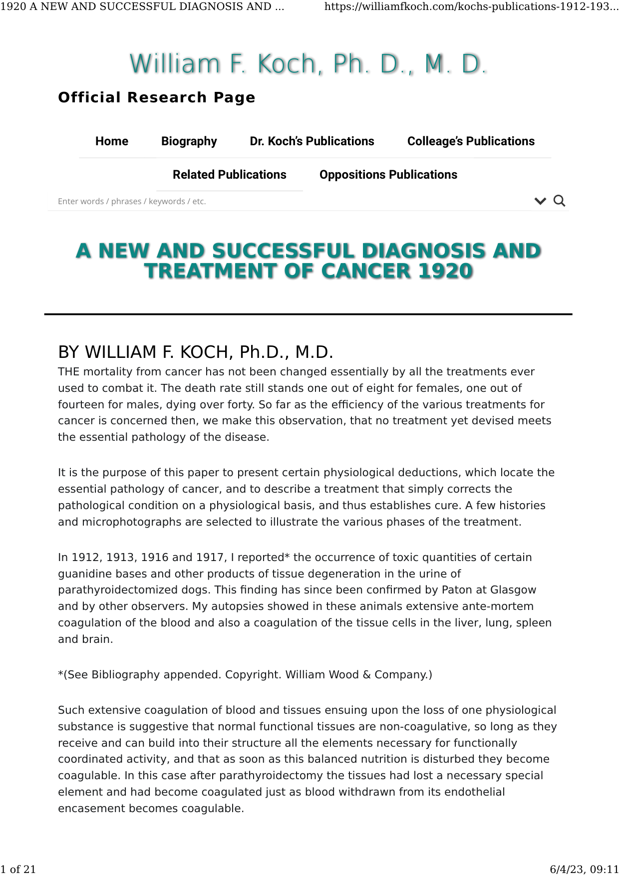 Cover for A New And Successful Diagnosis And Treatment Of Cancer