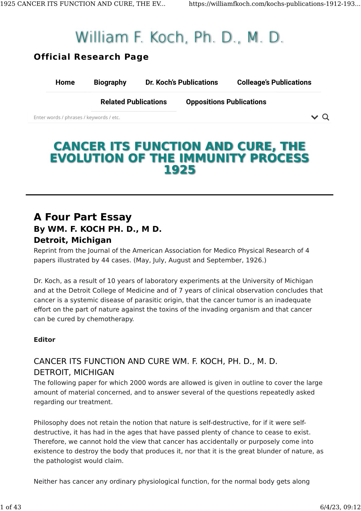 Cover for Cancer Its Function And Cure. The Evolution Of The Immunity Process