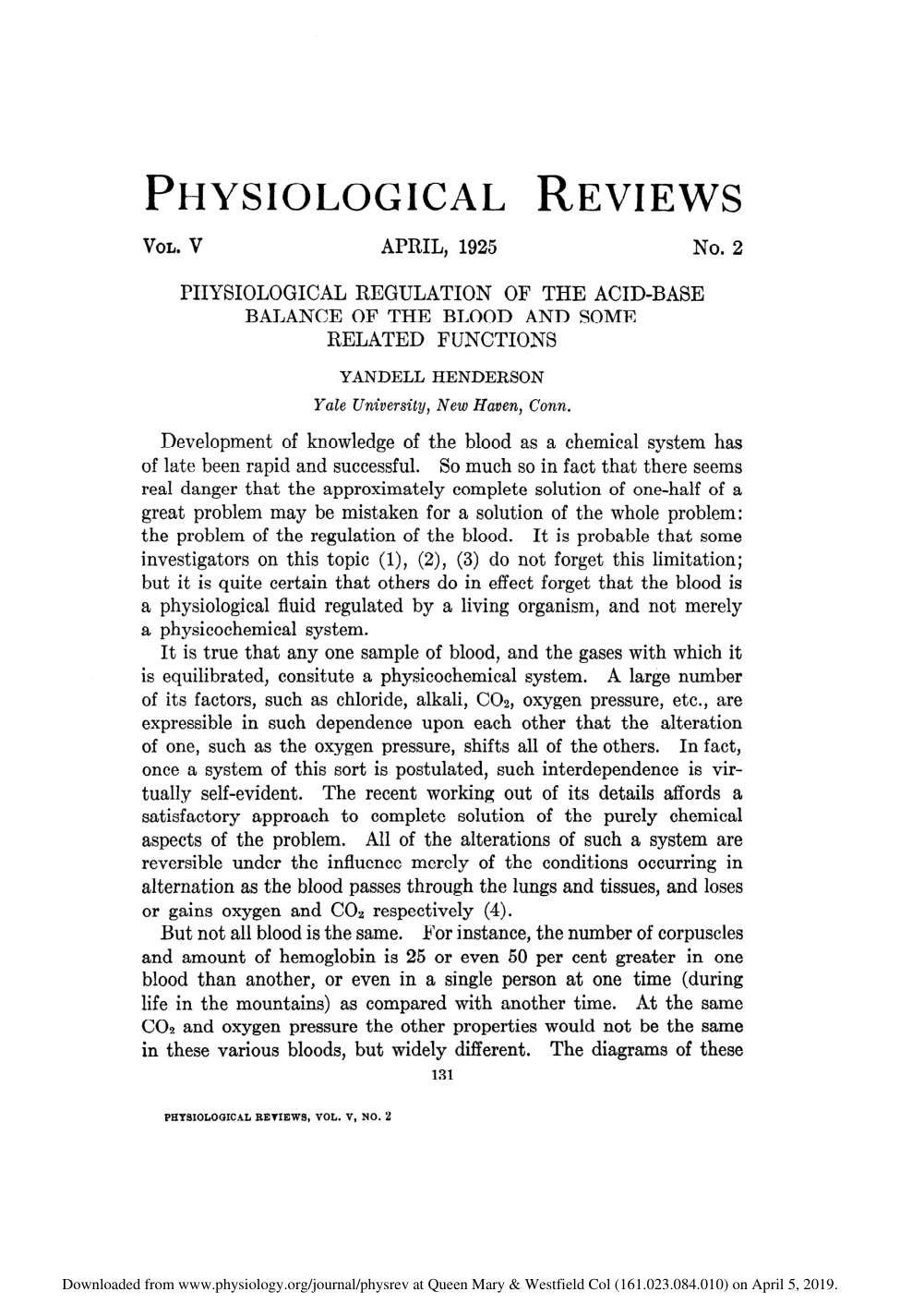 Cover for Physiological Regulation Of The Acid-base Balance Of The Blood And Some Related Functions
