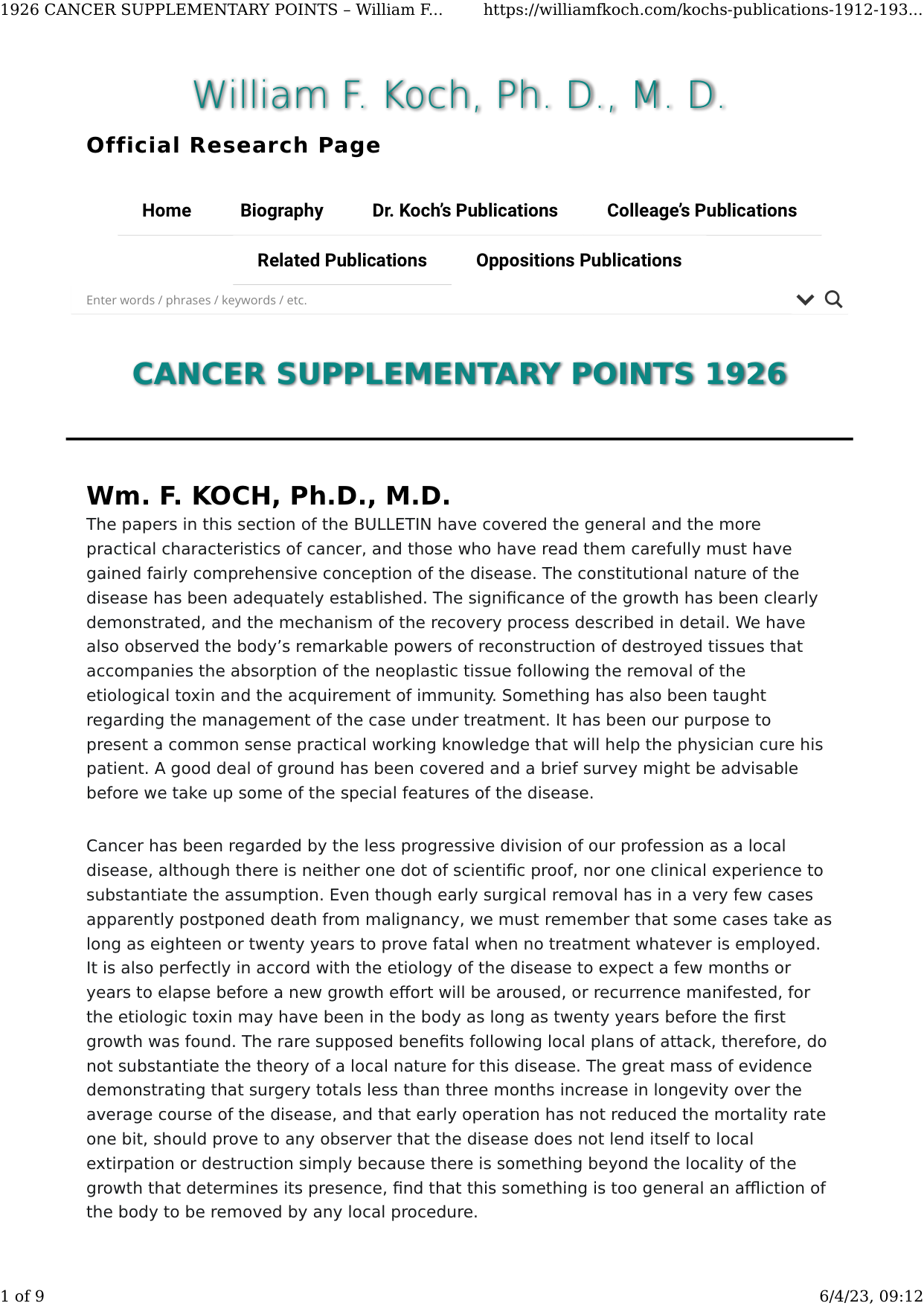 Cover for Cancer Supplementary Points