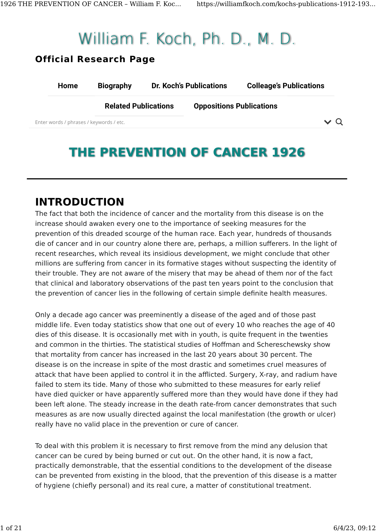Cover for The Prevention Of Cancer