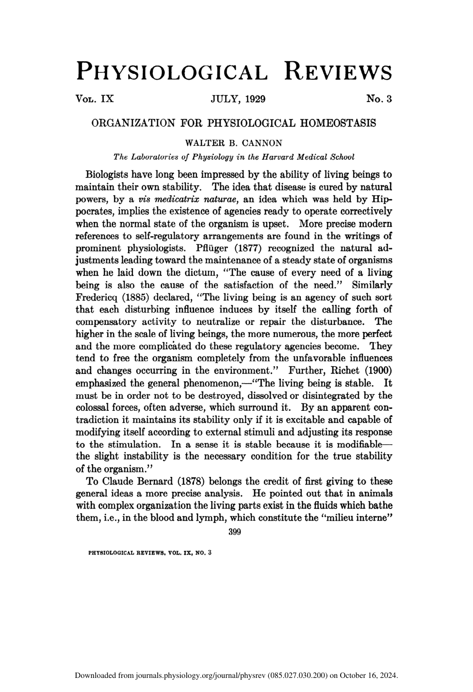 Cover for Organization For Physiological Homeostasis