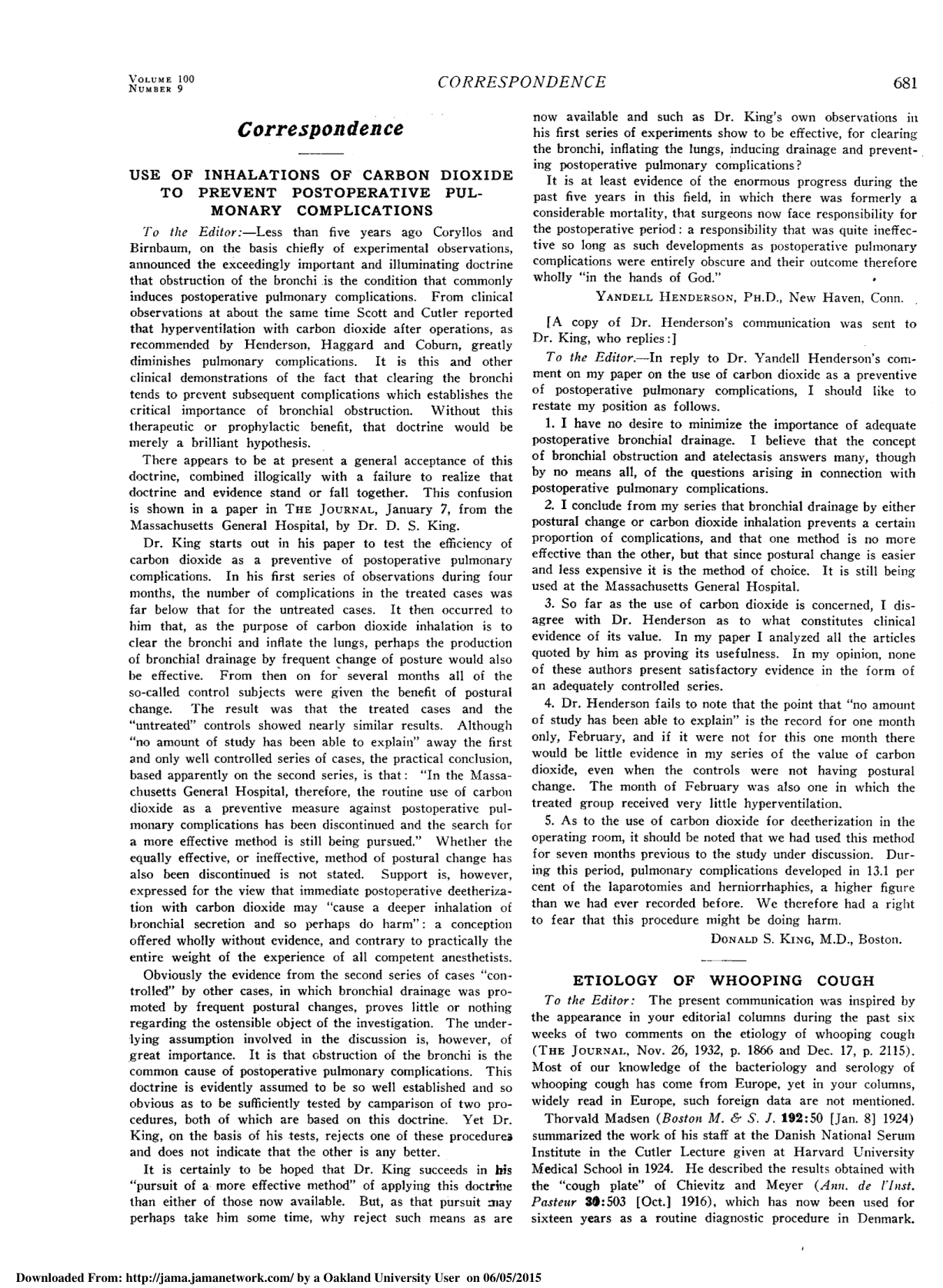 Cover for Use Of Inhalations Of Carbon Dioxide To Prevent Posoperative Pulmonary Complications
