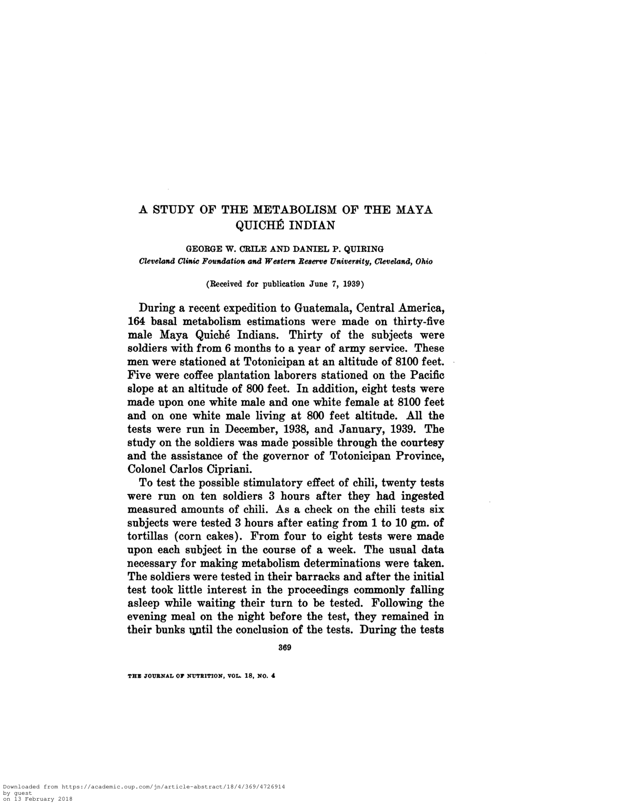 Cover for A Study Of The Metabolism Of THe Maya Quiché Indian