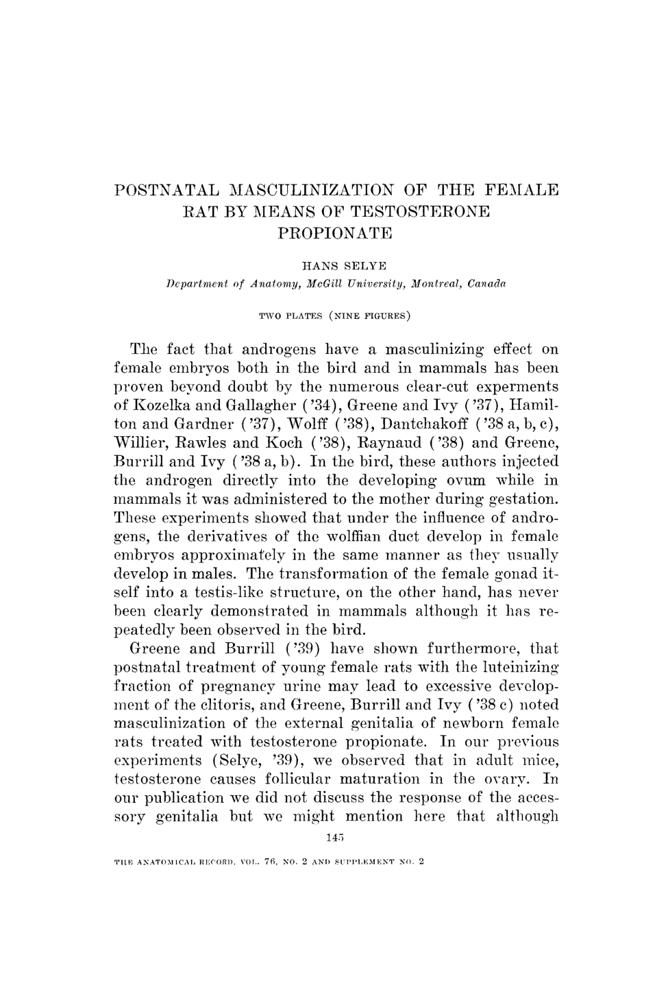 Cover for Postnatal Masculinization Of The Female Rat By Means Of Testosterone Propionate
