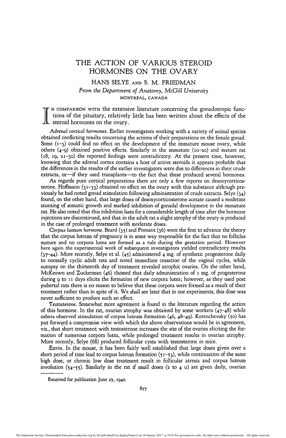 Cover for The Action Of Various Steroid Hormones On The Ovary