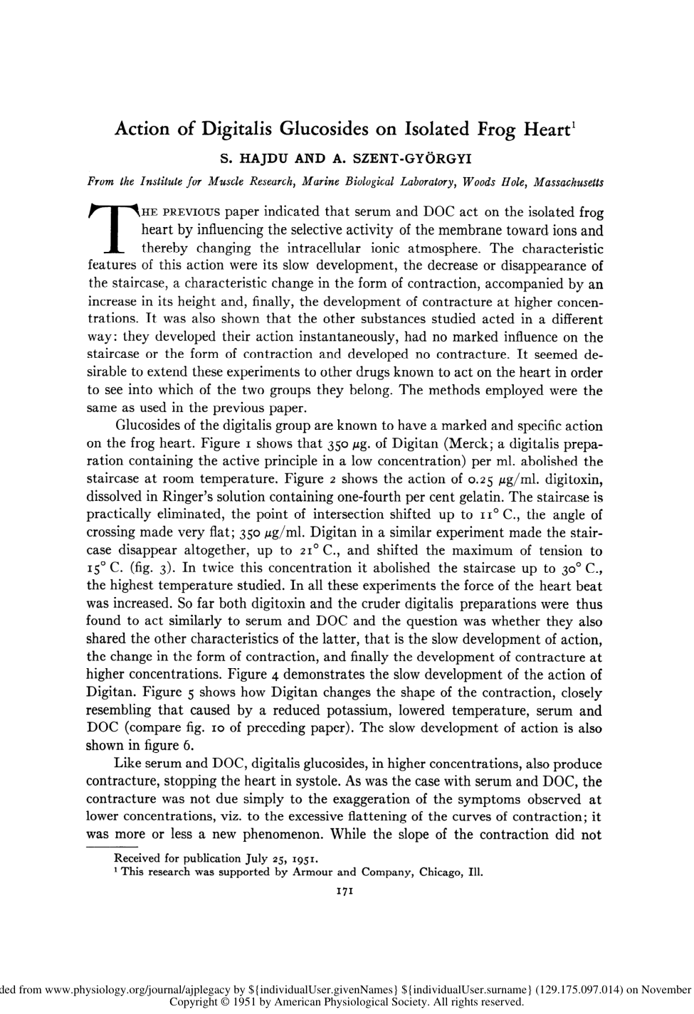 Cover for Action Of Digitalis Glucosides On Isolated Frog Heart