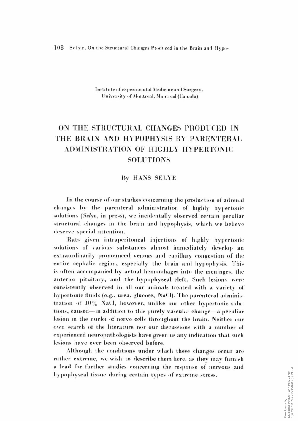 Cover for On The Structural Changes Produced In The Brain And Hypophysis By Parenteral Administration Of Highly Hypertonic Solutions