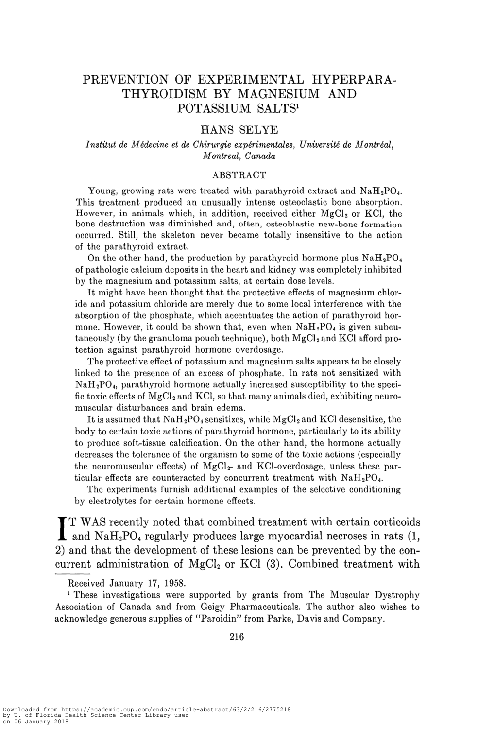 Cover for Prevention Of Experimental Hyperparathyroidism By Magnesium And Potassium Salts