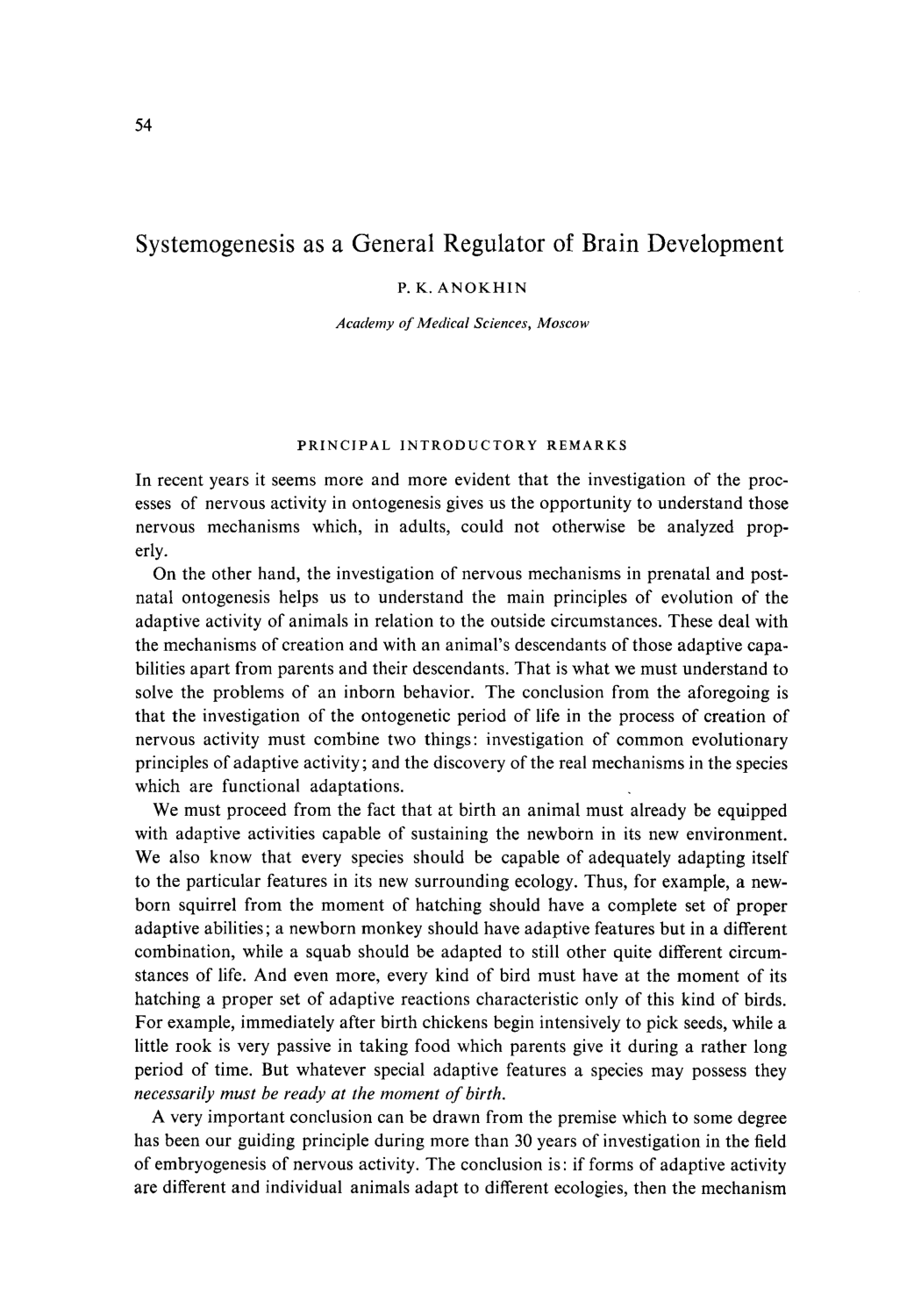 Cover for Systemogenesis As A General Regulartor Of Brain Development