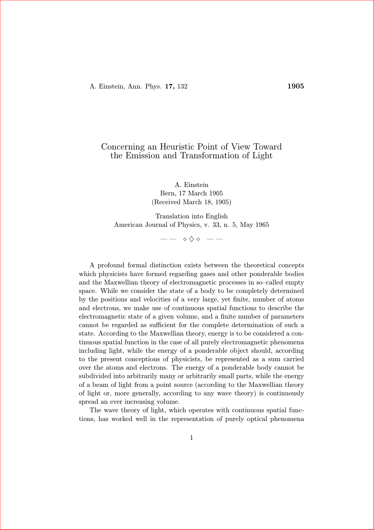 Cover for Concerning An Heuristic Point Of View Toward The Emission And Transformation Of Light