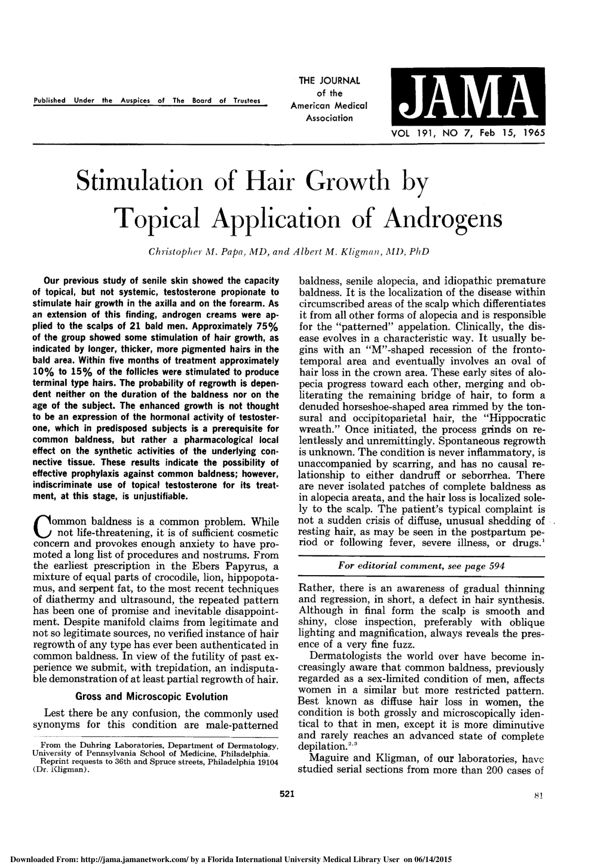 Cover for Stimulation Of Hair Growth By Topical Application Of Androgens