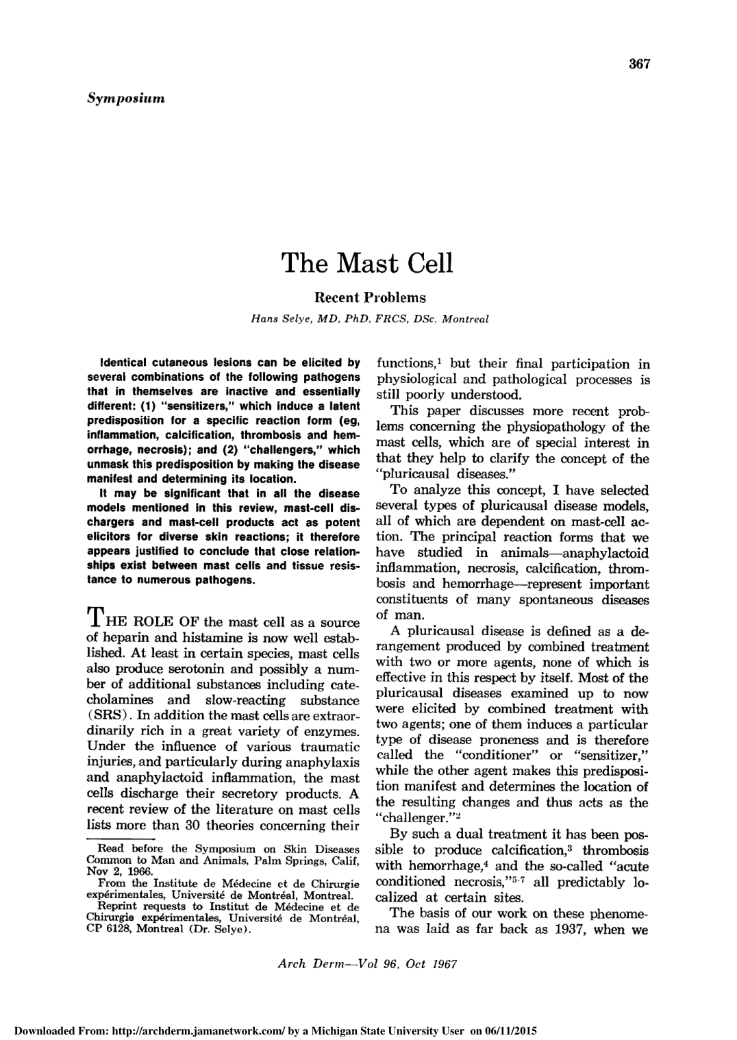 Cover for The Mast Cell. Recent Problems