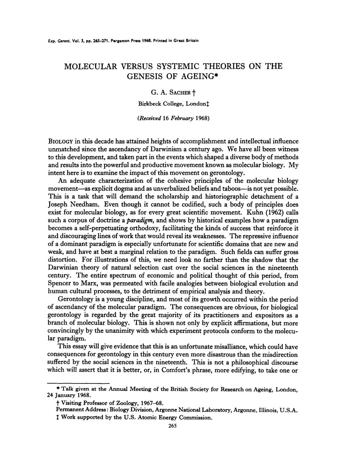 Cover for Molecular Versus System Theories On The Genesis Of Ageing