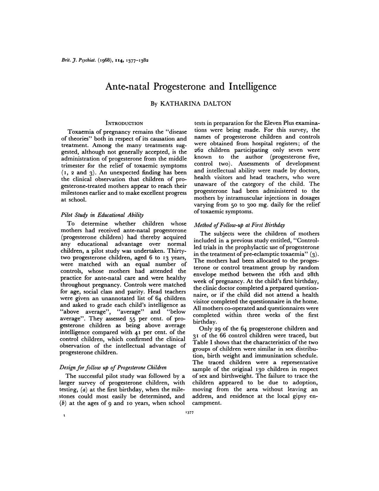Cover for Ante-natal Progesterone And Intelligence