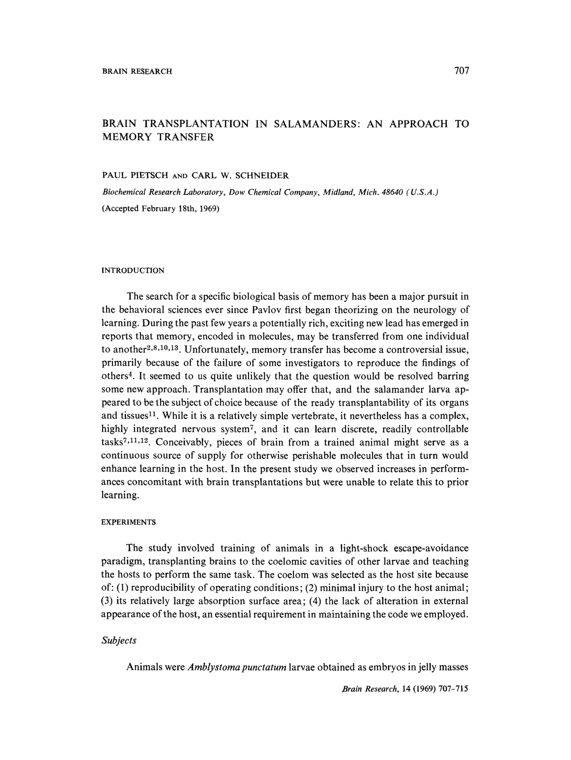Cover for Brain Transplantation In Salamanders, An Approach To Memory Transfer