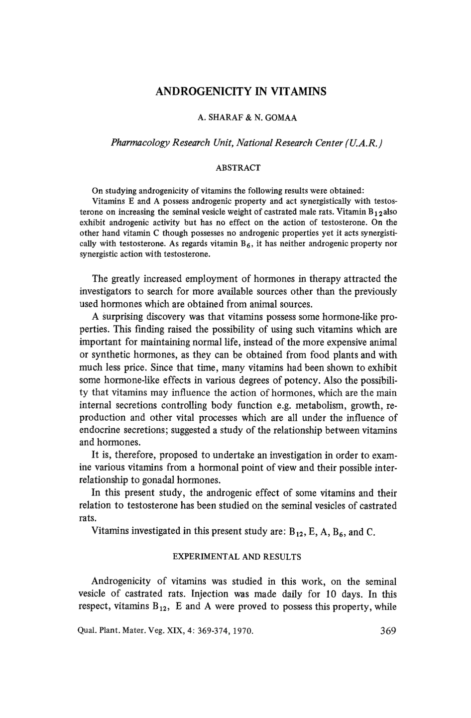 Cover for Androgenicity In Vitamins