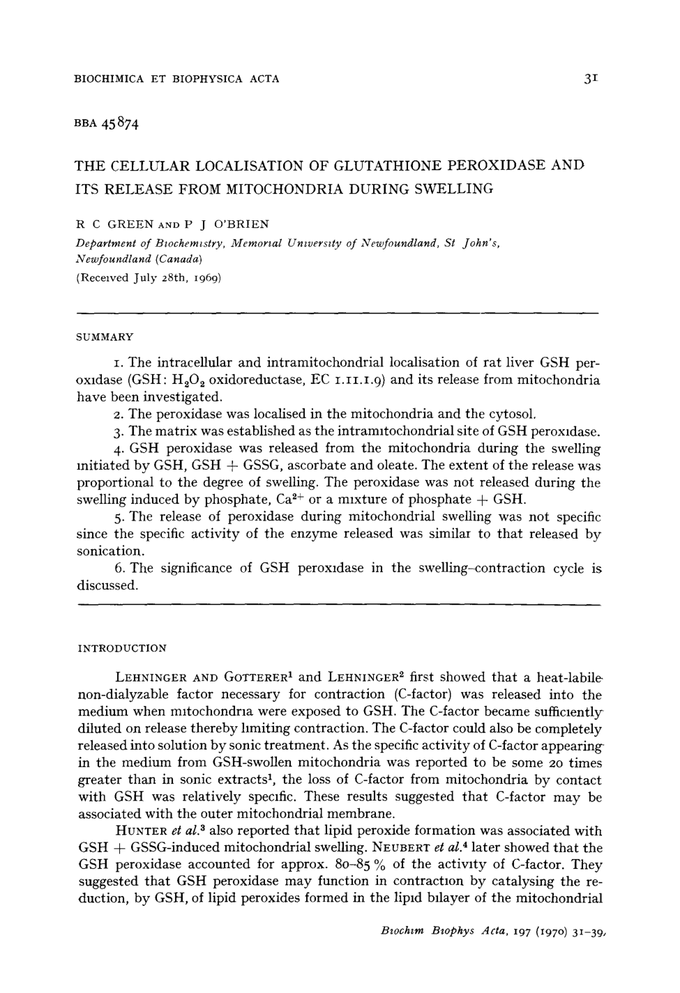 Cover for The Cellular Localisation Of Glutathione Peroxidase And Its Release From Mitochondria During Swelling