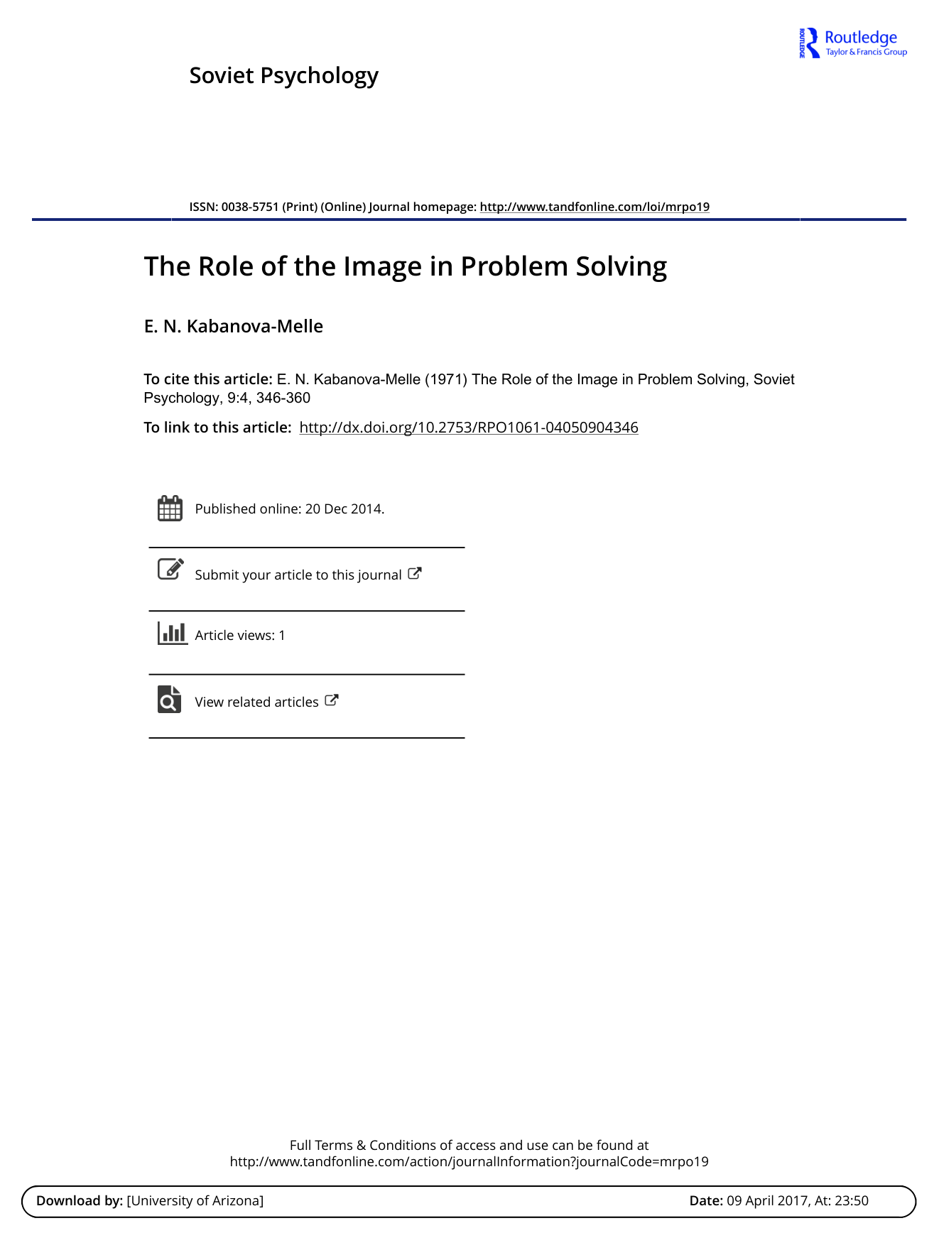 Cover for The Role Of The Image In Problem Solving