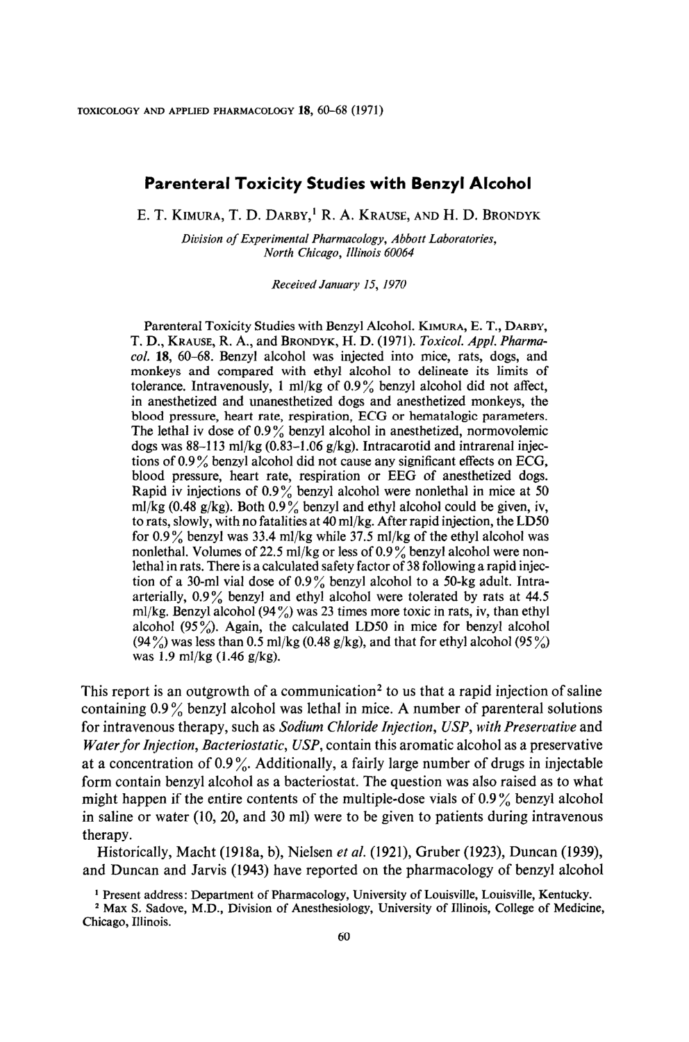 Cover for Parenteral Toxicity Studies With Benzyl Alcohol