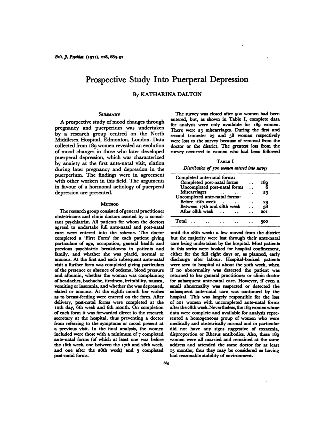 Cover for Prospective Study Into Puerperal Depression