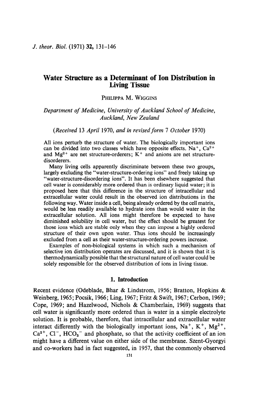Cover for Water Structure As A Determinant Of Ion Distribution In Living Tissue