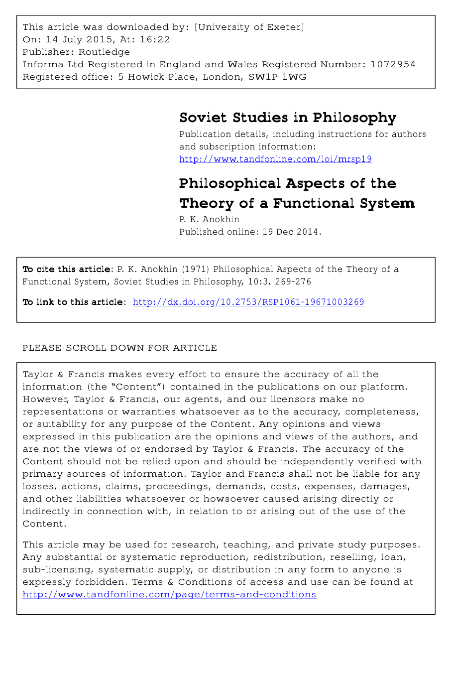 Cover for Philosophical Aspects Of The Theory Of A Functional System