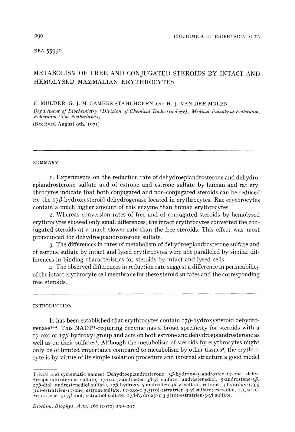 Cover for Metabolism Of Free And Conjugated Steroids By Intact And Hemolysed Mammalian Erythrocytes