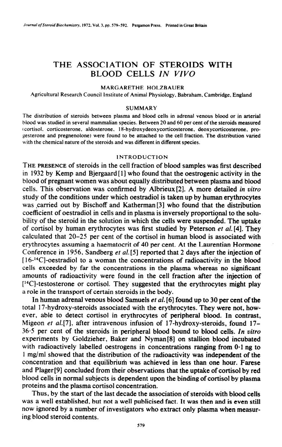 Cover for The Association Of Steroids With Blood Cells In Vivo