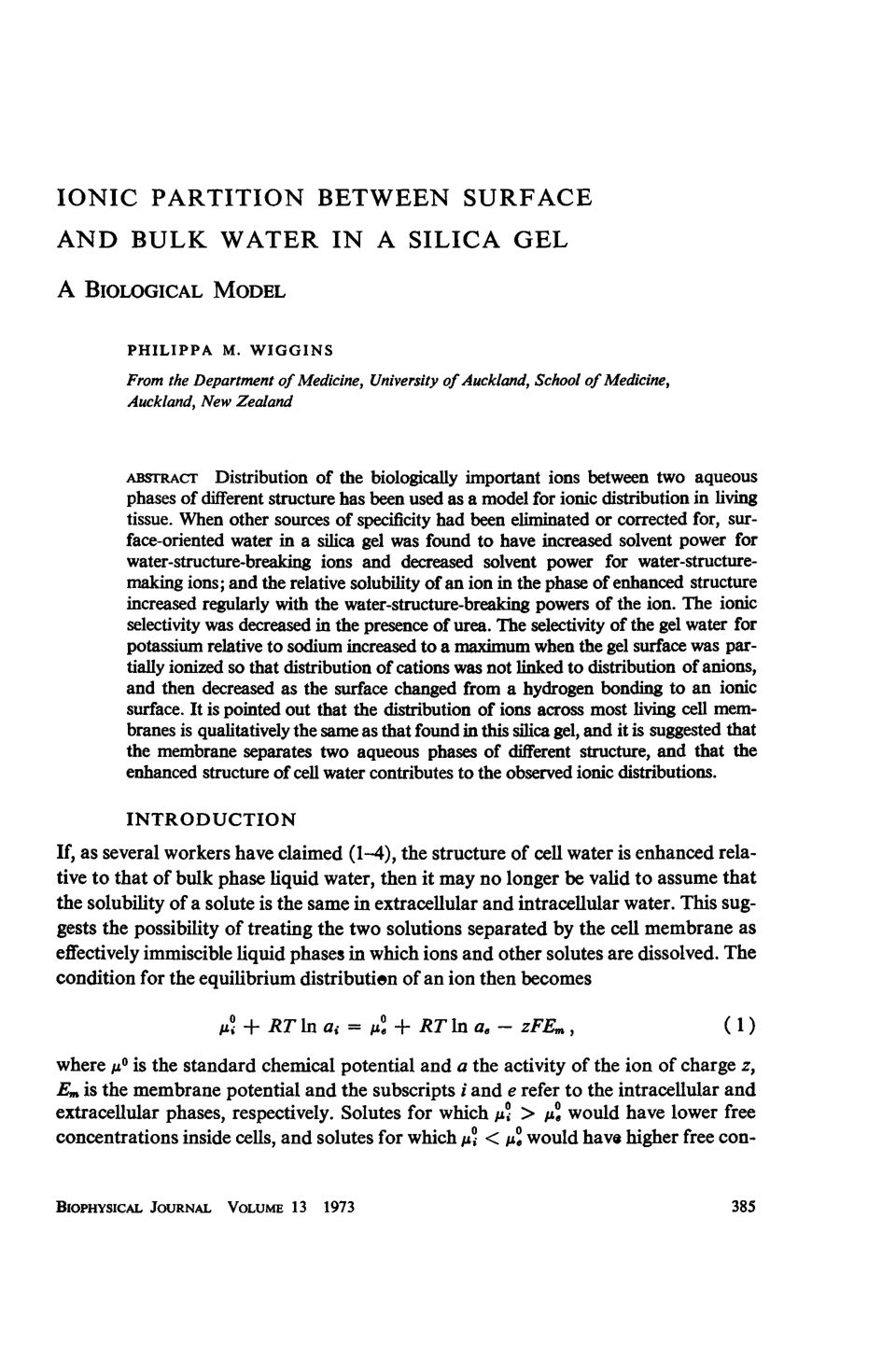 Cover for Ionic Partition Between Surface And Bulk Water In A Silica Gel, A Biological Model