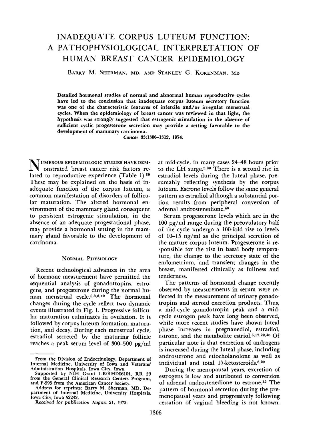 Cover for Inadequate Corpus Luteum Function, A Pathophysiological Interpretation Of Human Breast Cancer Epidemiology