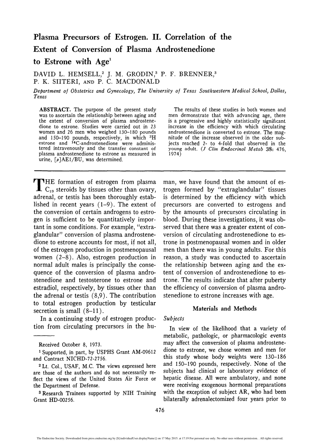 Cover for Plasma Precursors Of Estrogen. Ii. Correlation Of The Extent Of Conversion Of Plasma Androstenedione To Estrone With Age