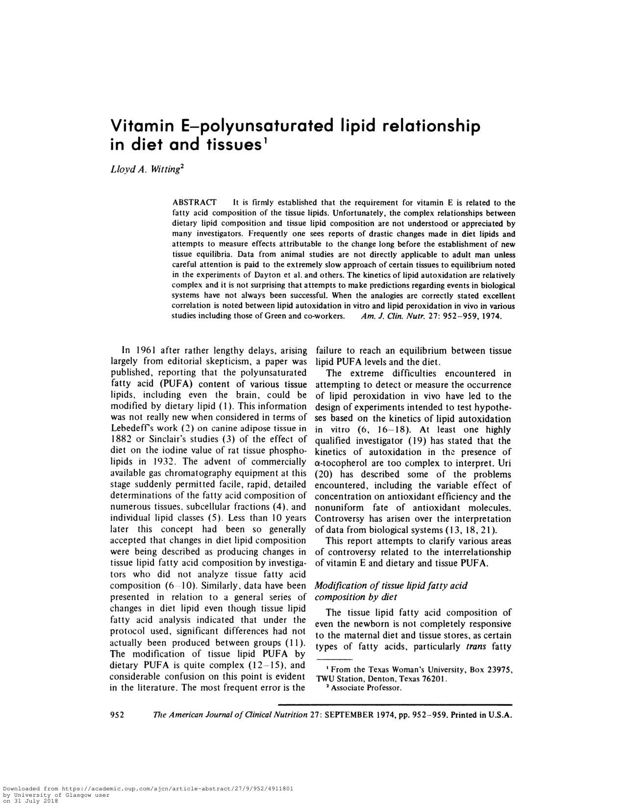 Cover for Vitamin E-polyunsaturated Lipid Relationship In Diet And Tissues