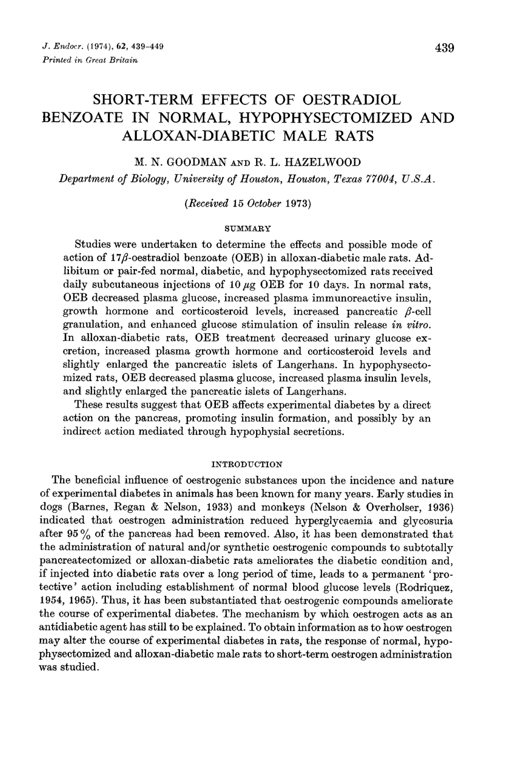 Cover for Short-term Effects Of Oestradiol Benzoate In Normal, Hypohpysectomized And Alloxan-diabetc Male Rats