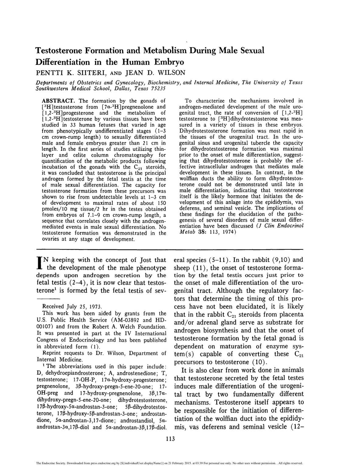 Cover for Testosterone Formation And Metabolism During Male Sexual Differentiation In The Human Embryo