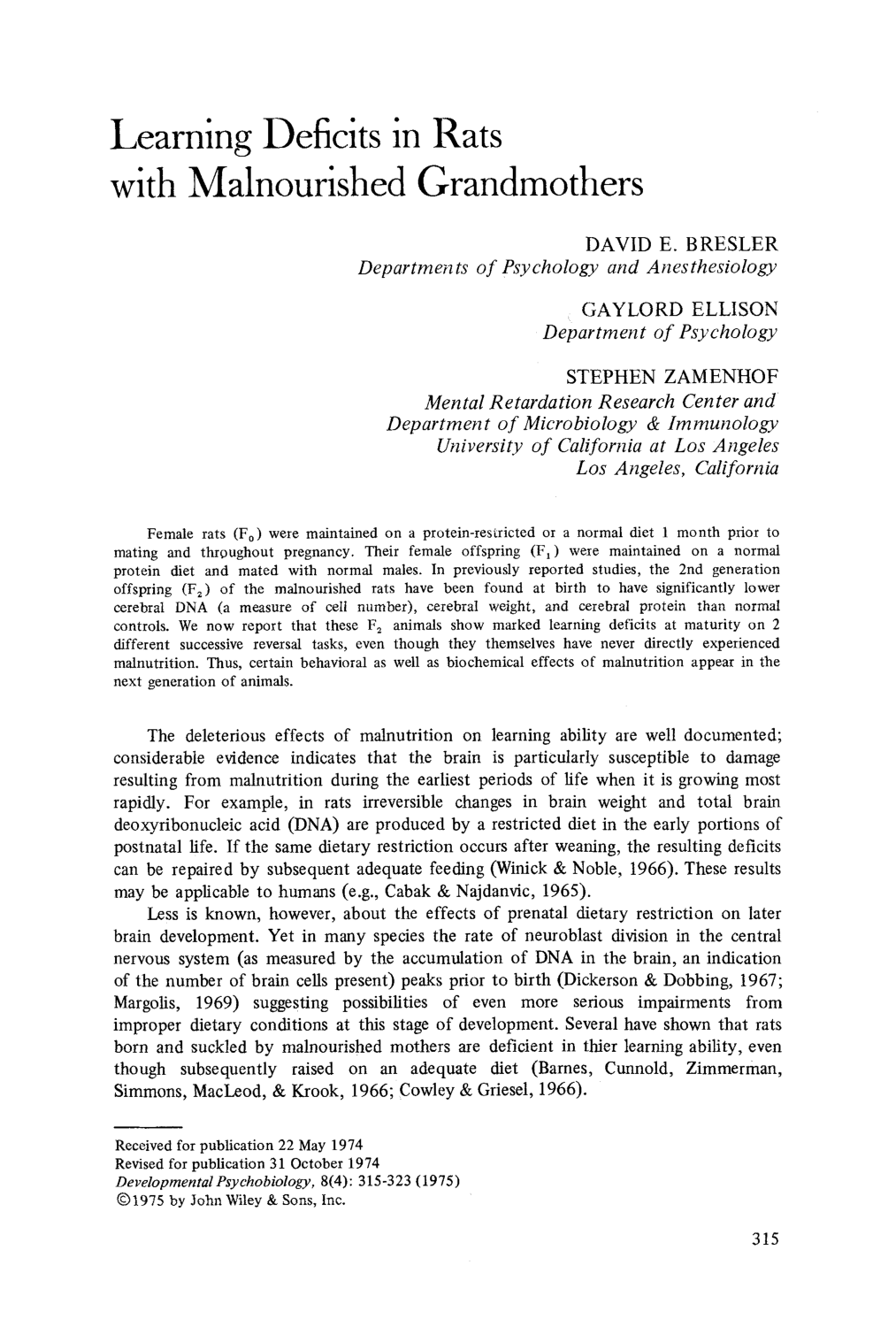 Cover for Learning Deficits In Rats With Malnourished Grandmothers