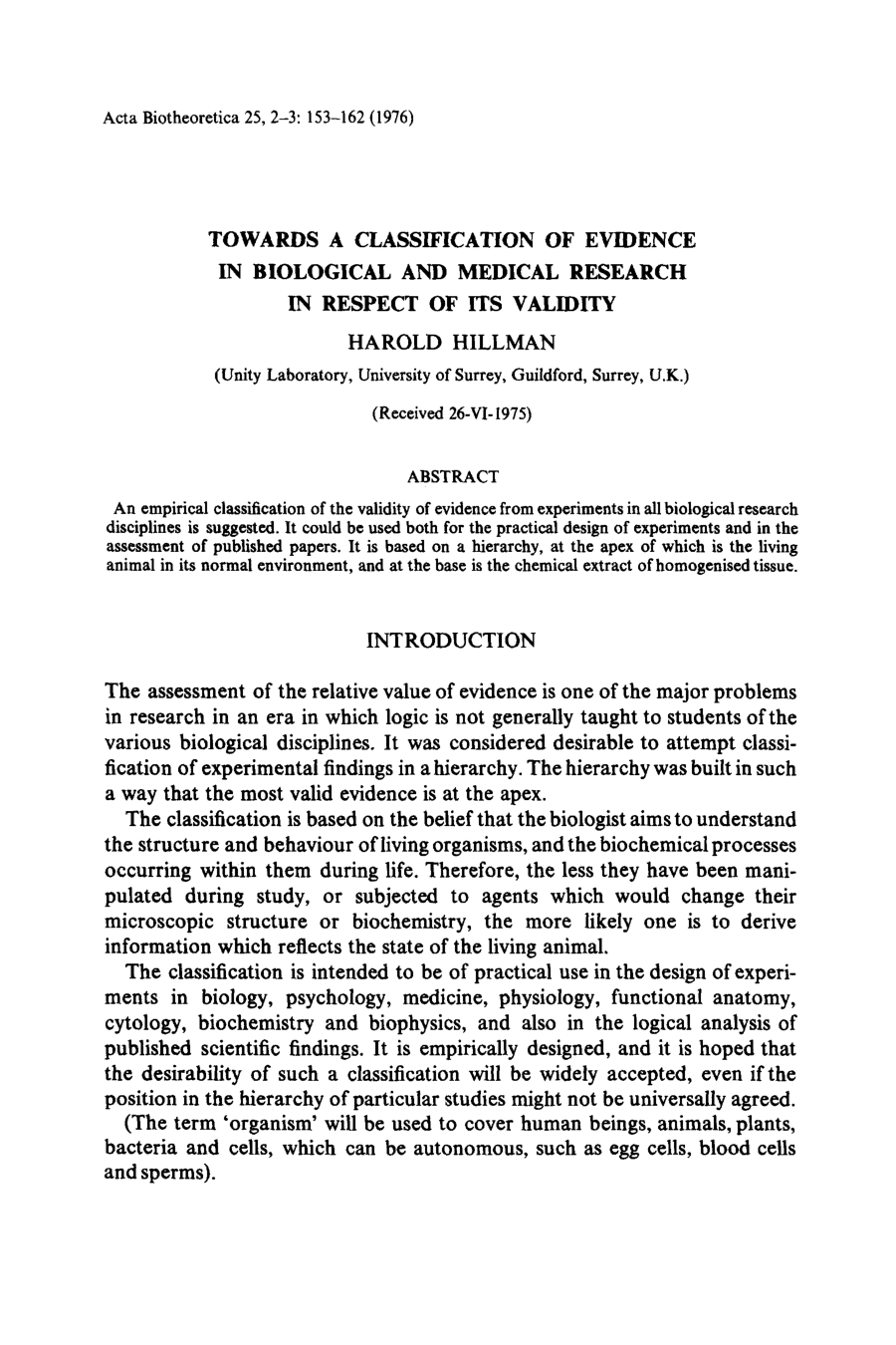 Cover for Towards A Classification Of Evidence In Biological And Medical Research In Respect Of Its Validity