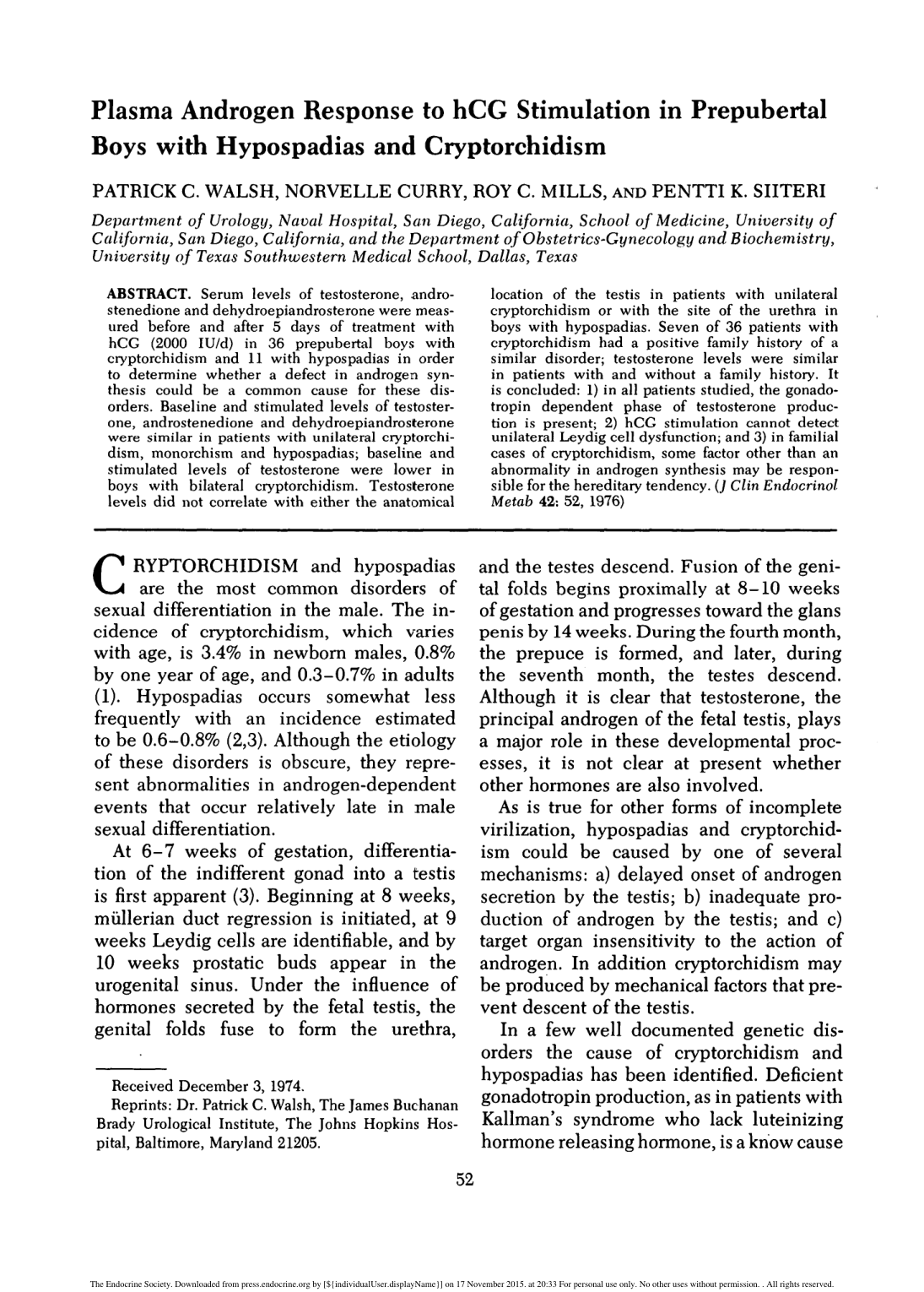 Cover for Plasma Androgen Response To Hcg Stimulation In Prepubertal Boys With Hypospadias And Cryptorchidism