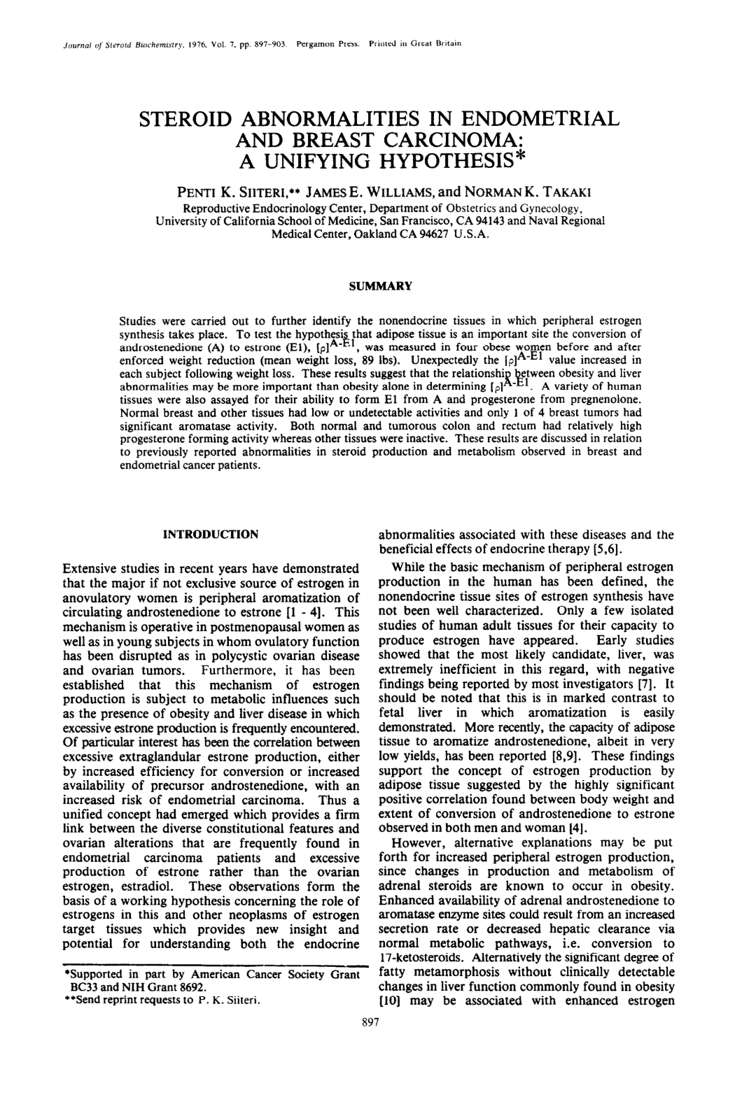 Cover for Steroid Abnormalities In Endometrial And Breast Carcinoma. A Unifying Hypothesis