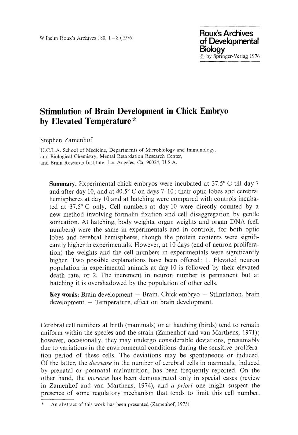 Cover for Stimulation Of Brain Development In Chick Embryo By Elevated Temperatur