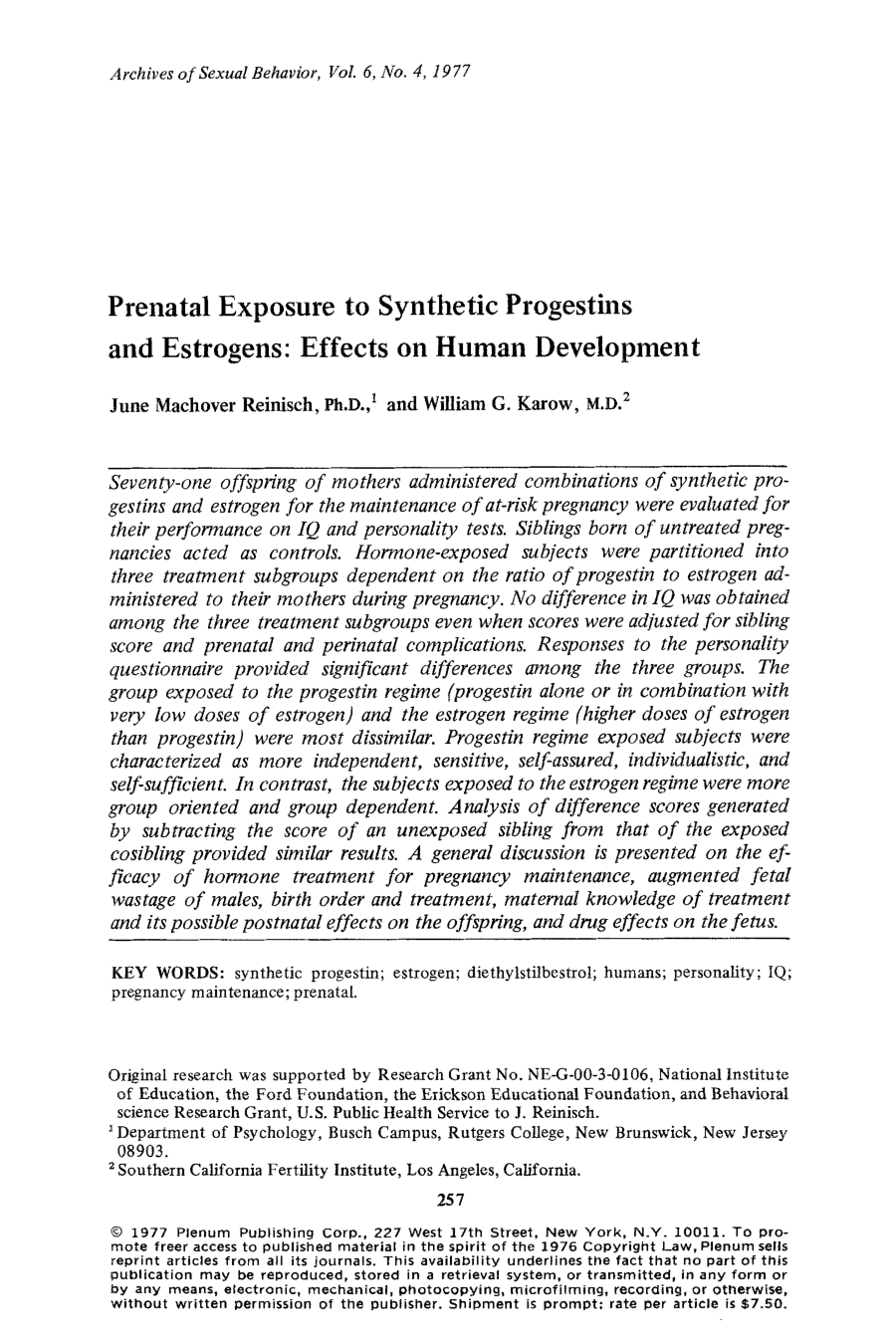 Cover for Prenatal Exposure To Synthetic Progestins And Estrogens, Effects On Human Development