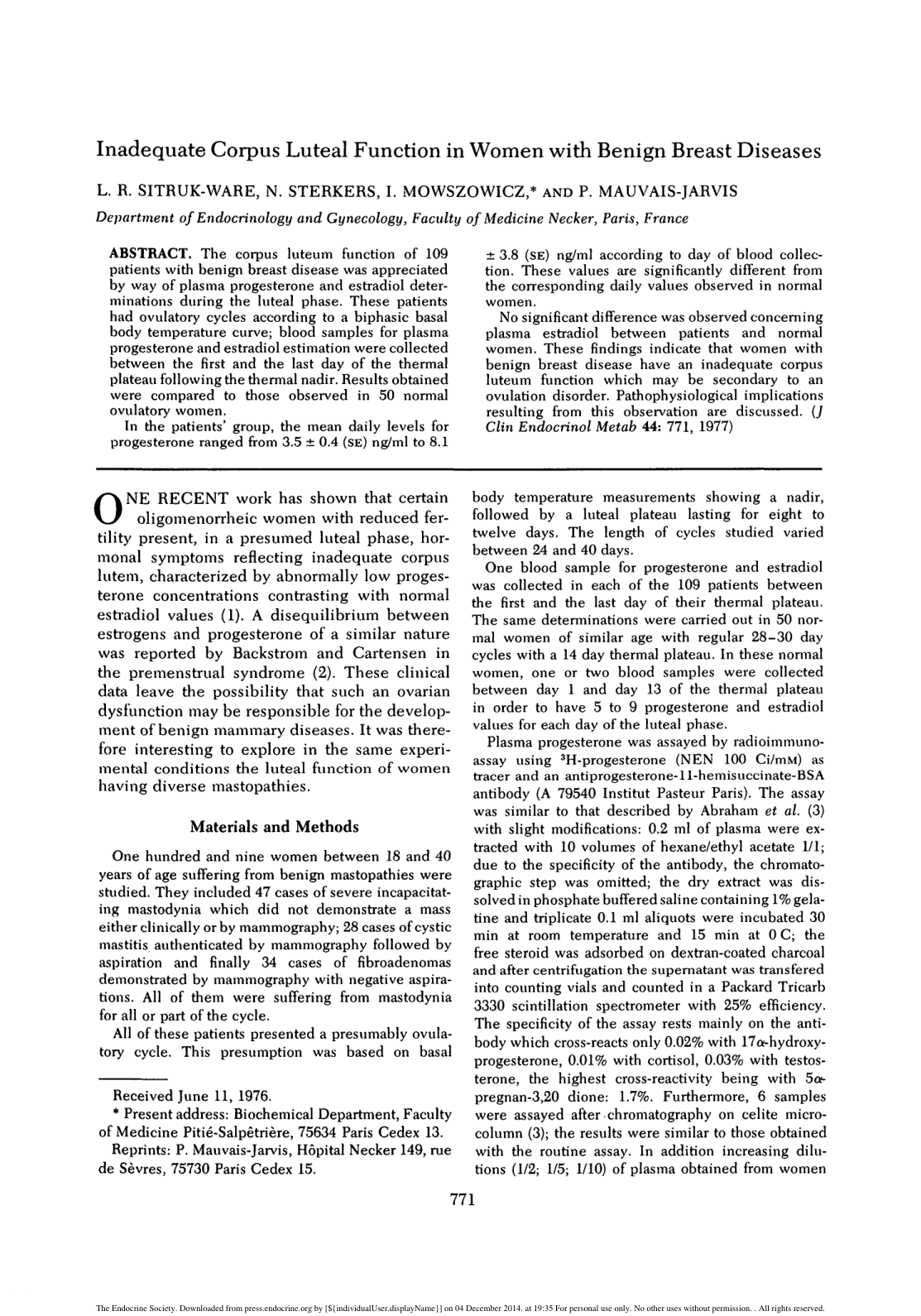 Cover for Inadequate Corpus Luteal Function In Women With Benign Breast Diseases