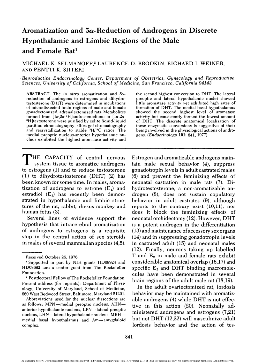Cover for Aromatization And 5alpha-reduction Of Androgens In Discrete Hypothalamic And Limbic Regions Of The Male And Female Rat