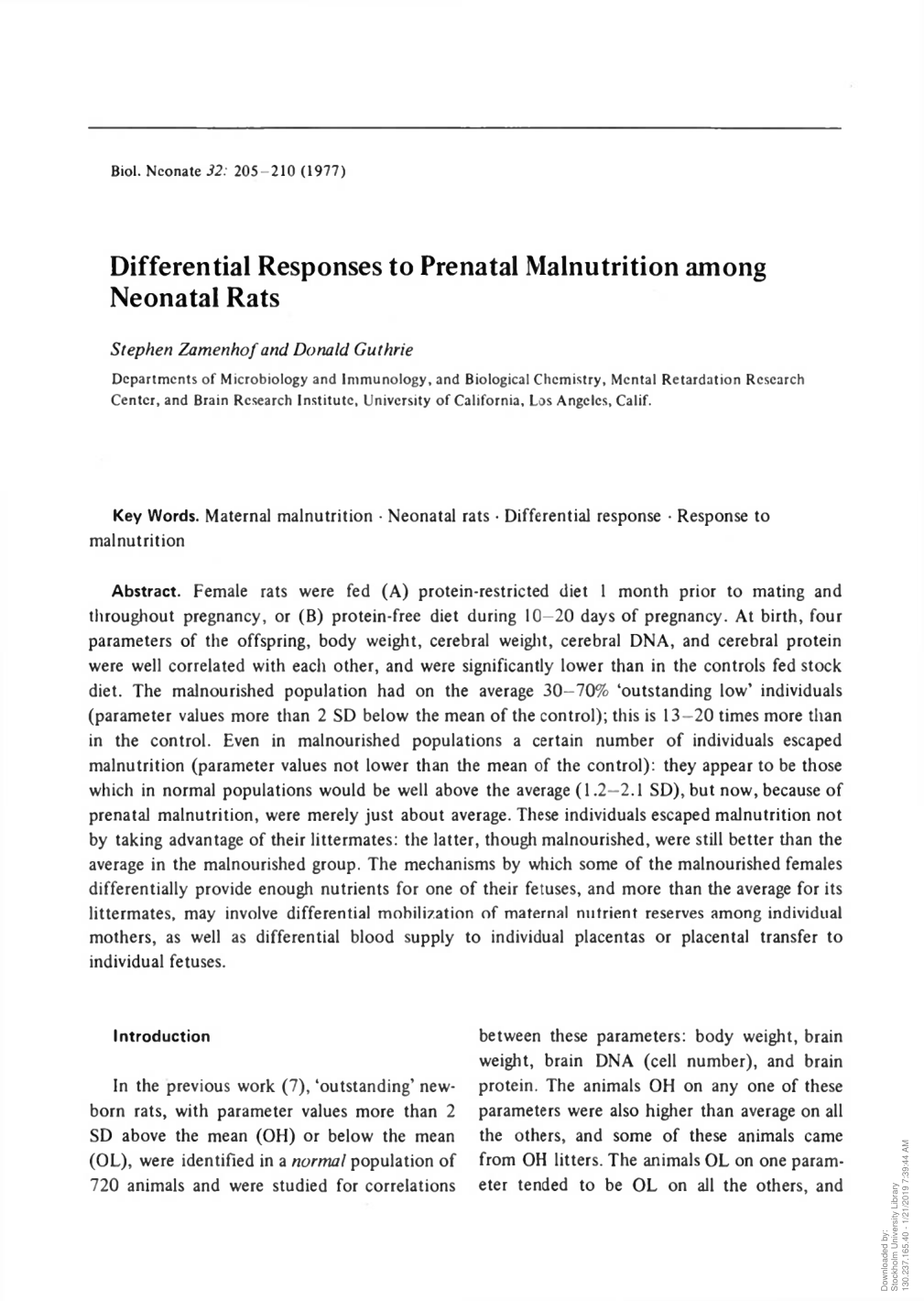 Cover for Differential Responses To Prenatal Malnutrition Among Neonatal Rats
