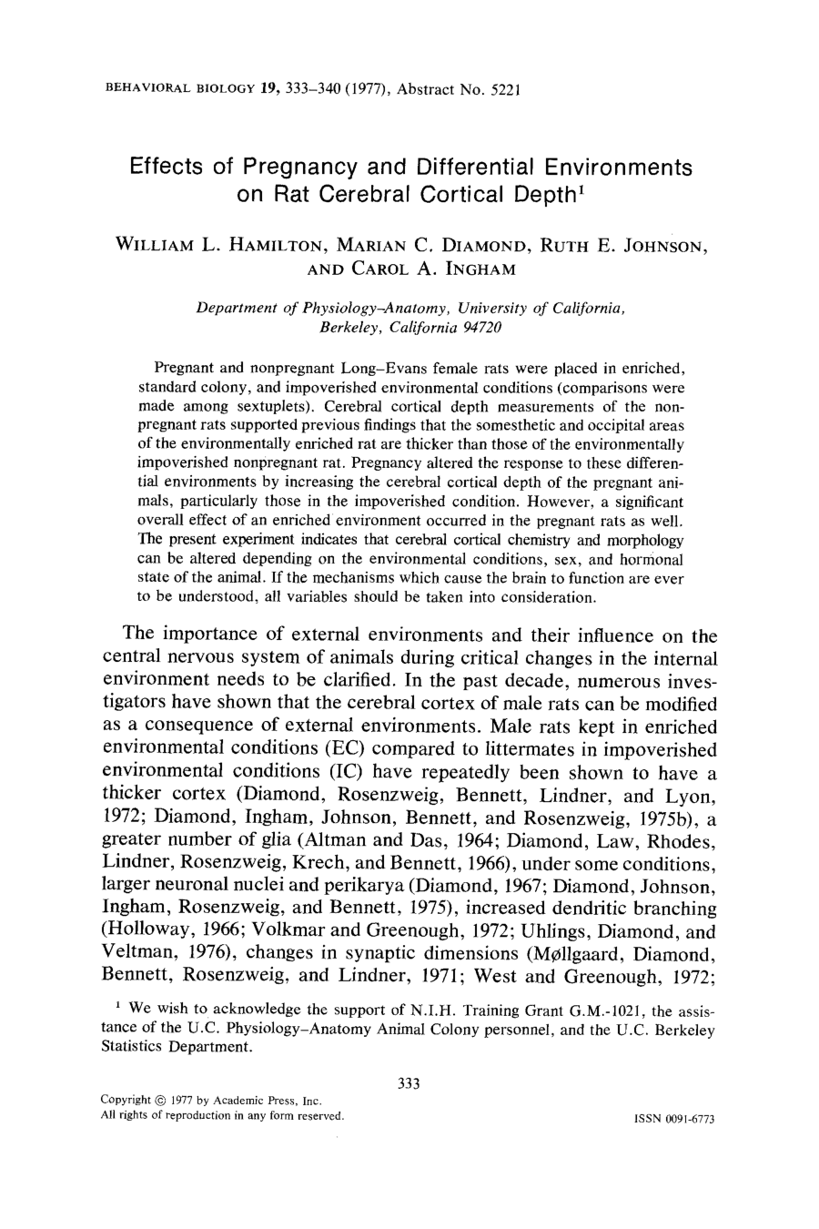 Cover for Effects Of Pregnancy And Differential Environments On Rat Cerebral Cortical Depth