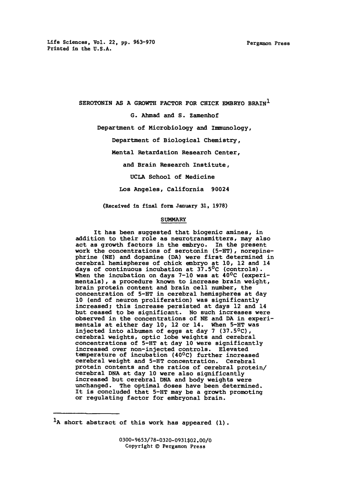 Cover for Serotonin As A Growth Factor For Chick Embryo Brain